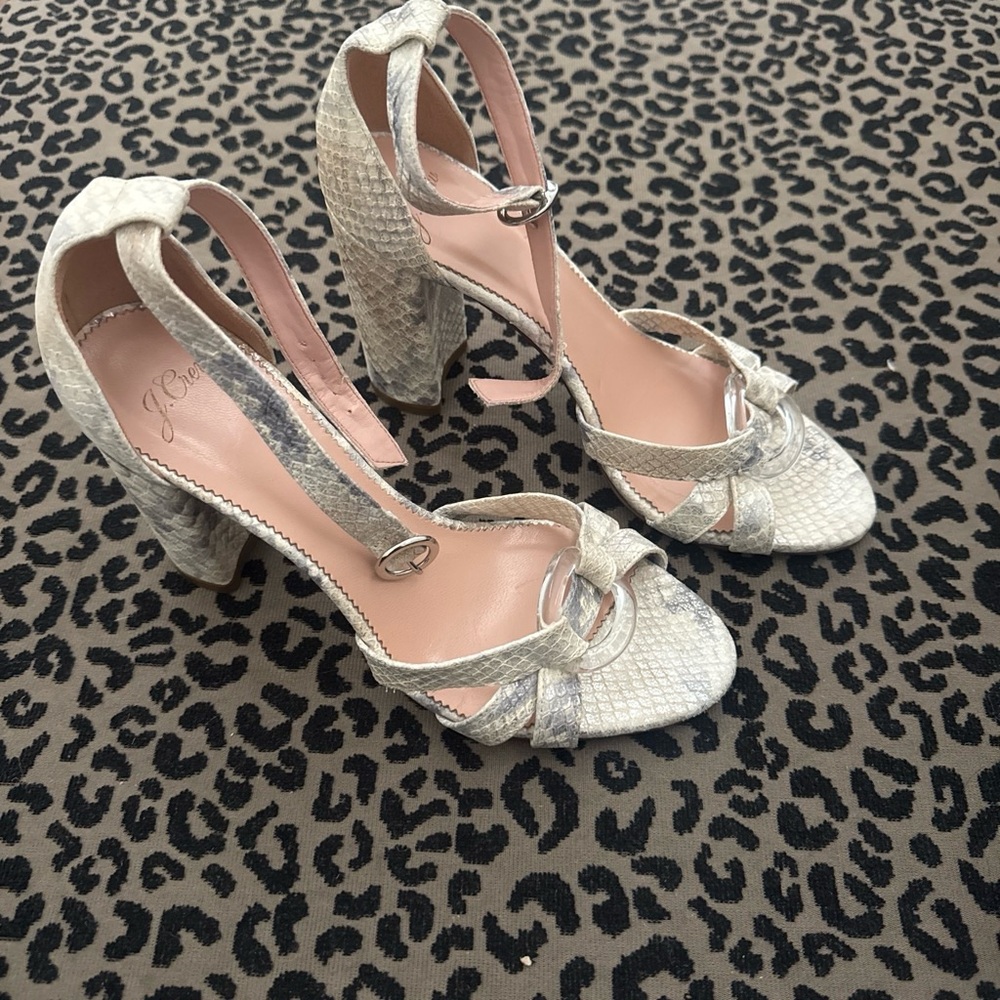J. Crew Silver Ivory Silver Snake-Embossed Block Heel Sandals